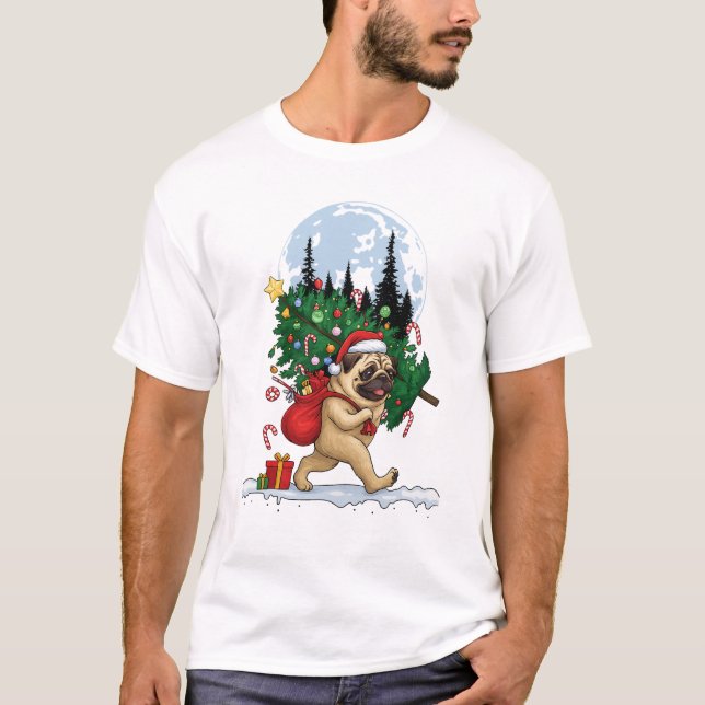 Cute Christmas Pug With Tree and Gifts  T-Shirt (Front)