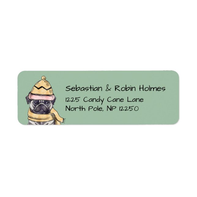 Cute Christmas Pug with Winter Hat & Scarf Green  Label (Front)