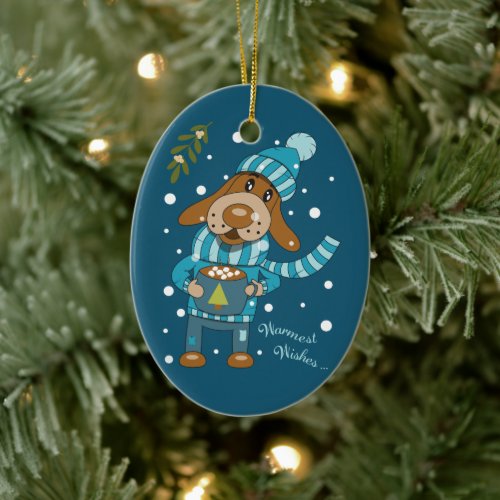 Cute Christmas Pup Blue Ceramic Ornament