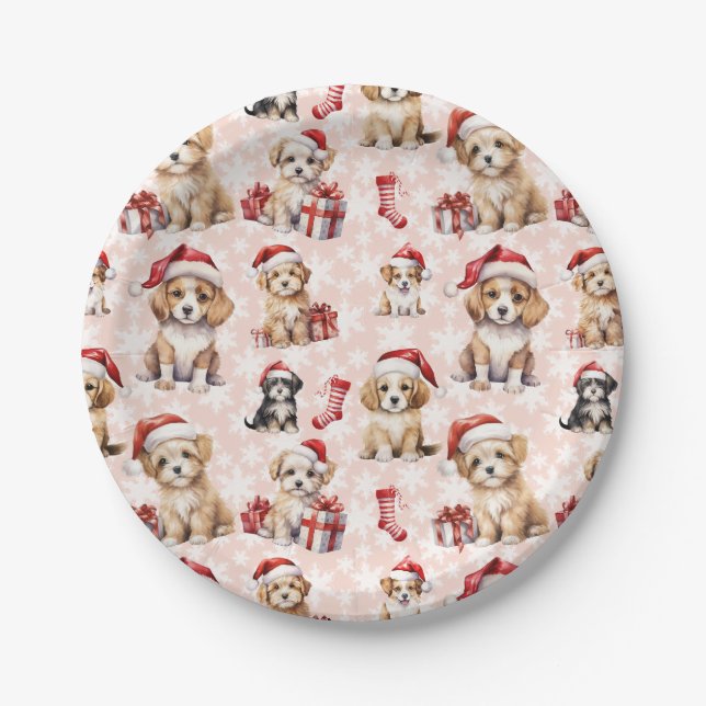 Cute Christmas Puppies and Stockings  Paper Plates (Front)