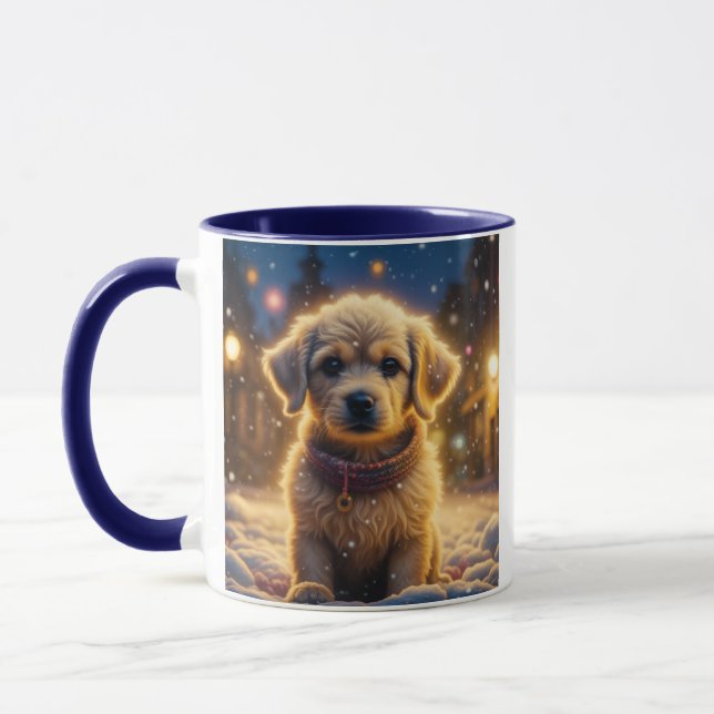 Cute Christmas Puppies on a Snowy Night Mug (Left)