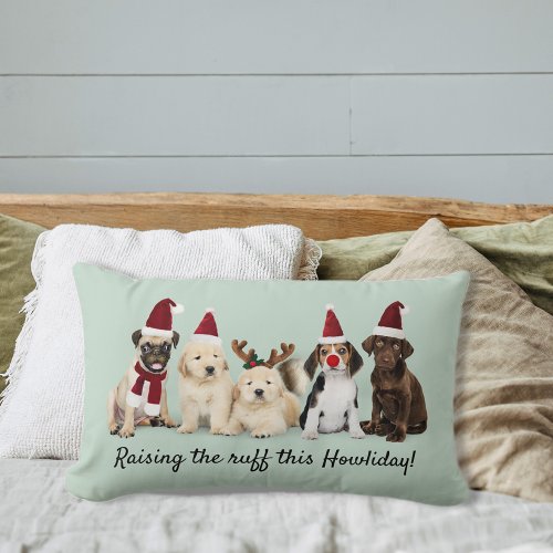 Cute Christmas Puppies Raising The Ruff Lumbar Pillow