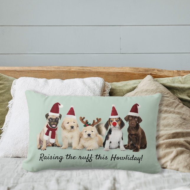 Cute Christmas Puppies Raising The Ruff Lumbar Pillow (Creator Uploaded)