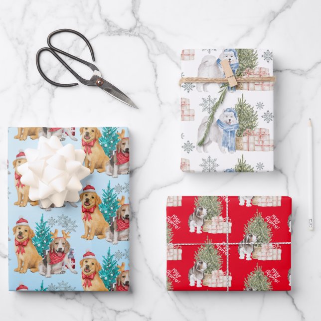 Cute Christmas puppies with gifts Wrapping Paper Sheets (Front)
