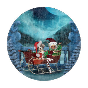 Cute christmas puppy and elf cutting board