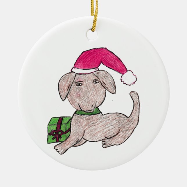 Cute Christmas Puppy  Ceramic Ornament (Front)