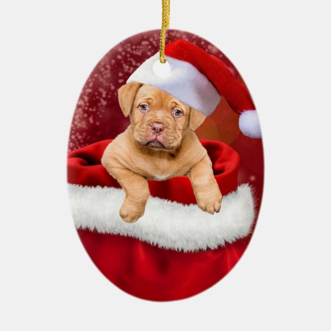 Cute Christmas Puppy Ceramic Ornament (Front)