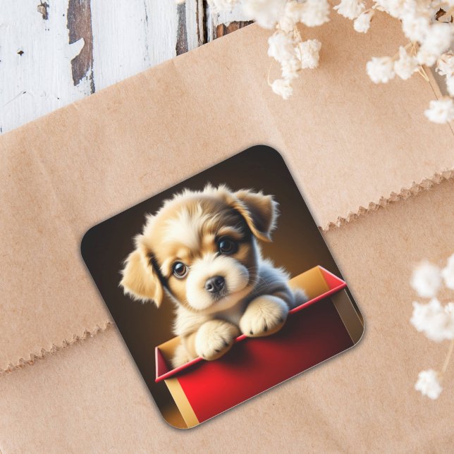 Cute Christmas Puppy Dog in a Gift Box Square Sticker (Creator Uploaded)