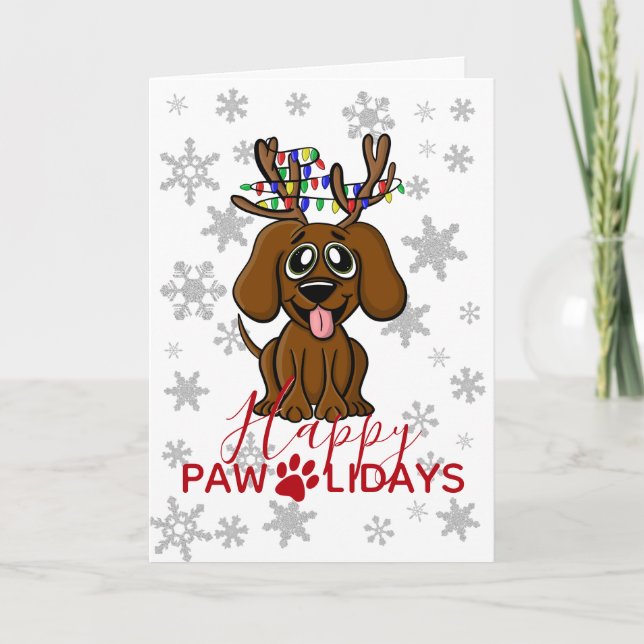 Cute Christmas Puppy Dog Reindeer w Tree Lights Holiday Card (Front)