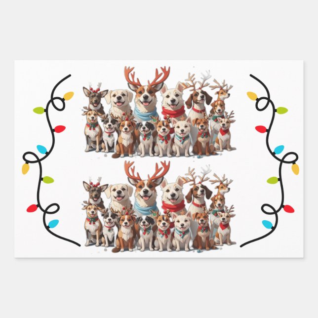 Cute Christmas Puppy Dogs Wrapping Paper Sheets (Front)