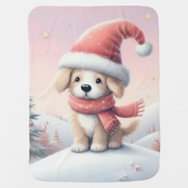 Cute Christmas puppy in santa hat Baby Blanket (Front)