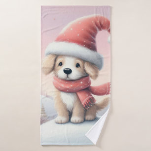 Cute Christmas puppy in santa hat Bath Towel