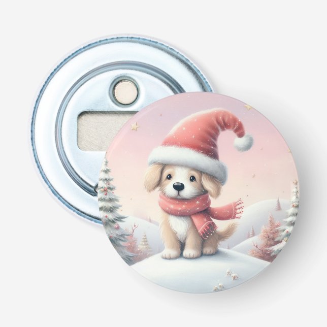 Cute Christmas puppy in santa hat Bottle Opener (Front)