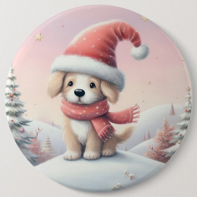 Cute Christmas puppy in santa hat Button (Front)