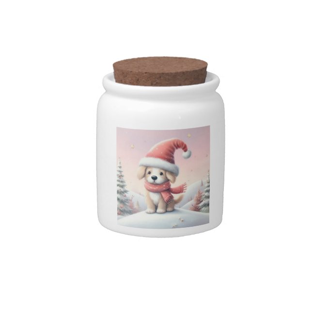 Cute Christmas puppy in santa hat Candy Jar (Front)