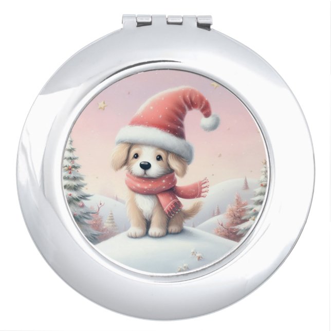 Cute Christmas puppy in santa hat Compact Mirror (Front)