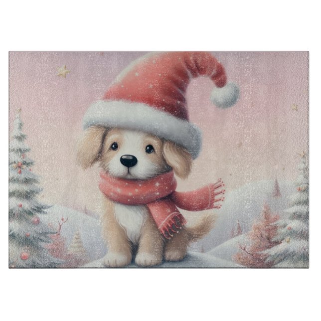 Cute Christmas puppy in santa hat Cutting Board (Front)