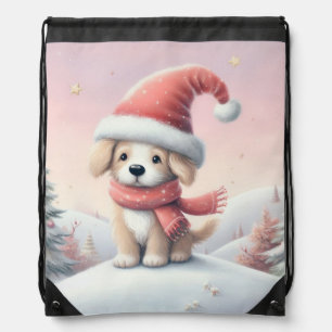 Cute Christmas puppy in santa hat Drawstring Bag