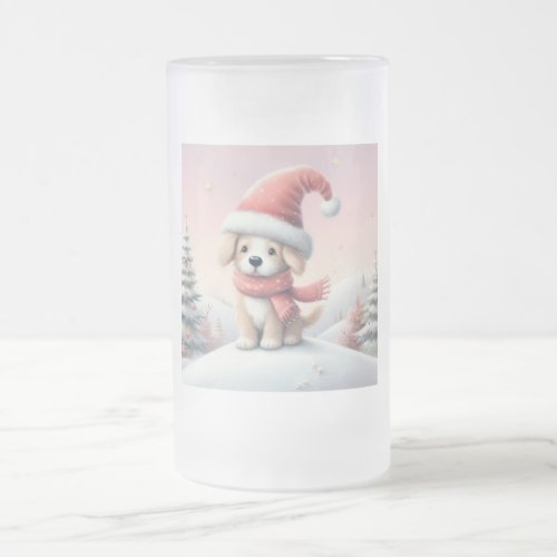 Cute Christmas puppy in santa hat Frosted Glass Beer Mug