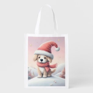 Cute Christmas puppy in santa hat Grocery Bag