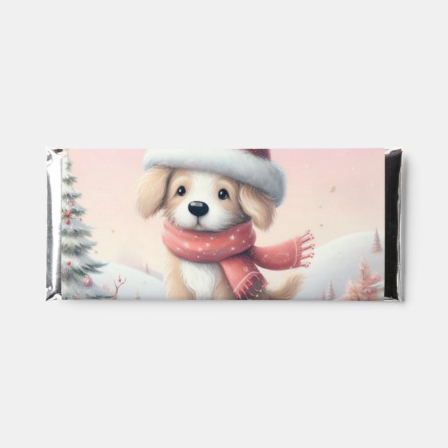 Cute Christmas puppy in santa hat Hershey Bar Favors (Front)