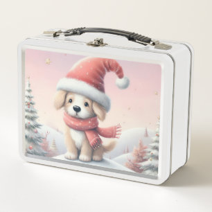 Cute Christmas puppy in santa hat Metal Lunch Box