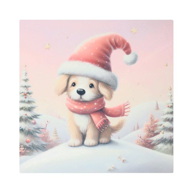 Cute Christmas puppy in santa hat Metal Print (Front)