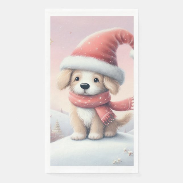 Cute Christmas puppy in santa hat Paper Guest Towels (Front)