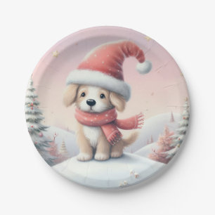 Cute Christmas puppy in santa hat Paper Plates