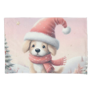 Cute Christmas puppy in santa hat Pillow Case