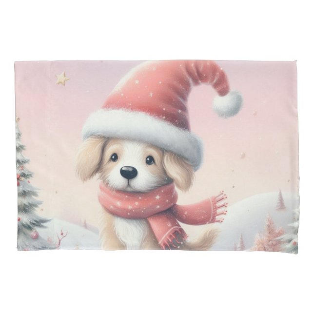 Cute Christmas puppy in santa hat Pillow Case (Front)