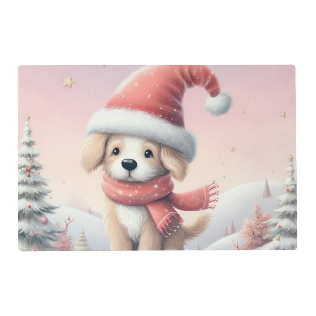 Cute Christmas puppy in santa hat Placemat (Front)