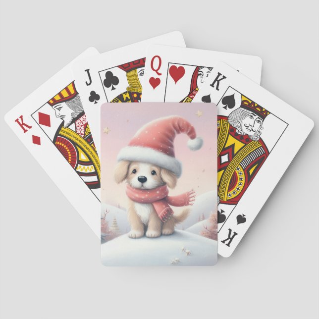 Cute Christmas puppy in santa hat Poker Cards (Back)