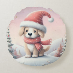 Cute Christmas puppy in santa hat Round Pillow