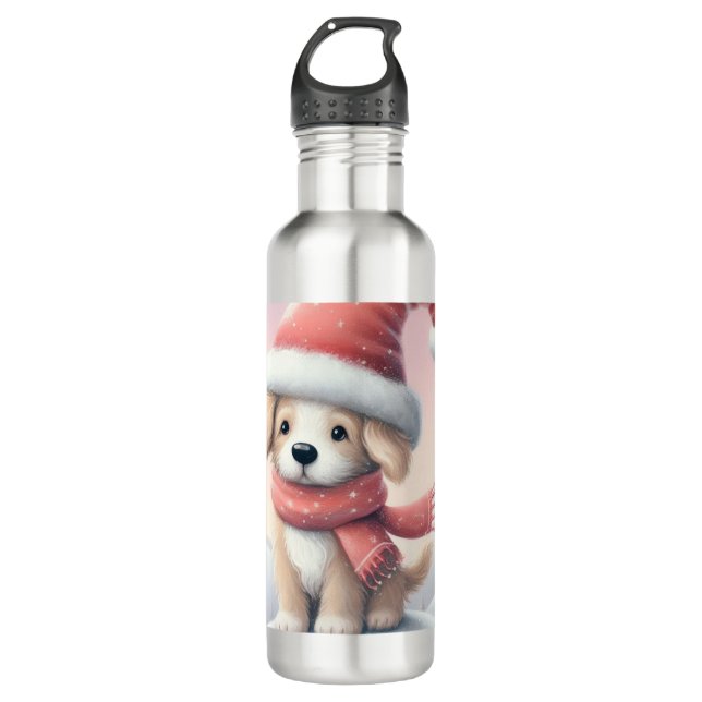 Cute Christmas puppy in santa hat Stainless Steel Water Bottle (Front)