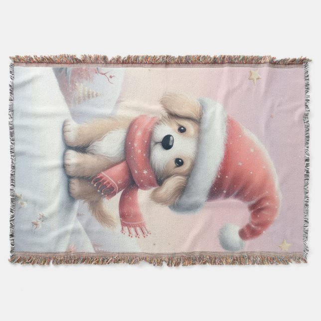 Cute Christmas puppy in santa hat Throw Blanket (Front)