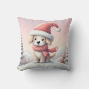 Cute Christmas puppy in santa hat Throw Pillow