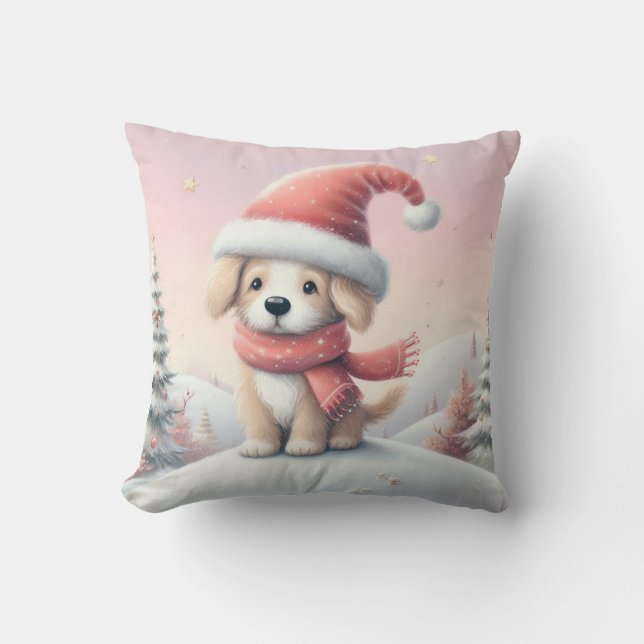 Cute Christmas puppy in santa hat Throw Pillow (Front)