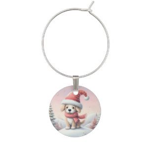 Cute Christmas puppy in santa hat Wine Charm