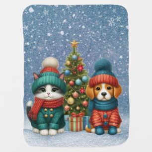 Cute Christmas puppy & kitten Baby Blanket