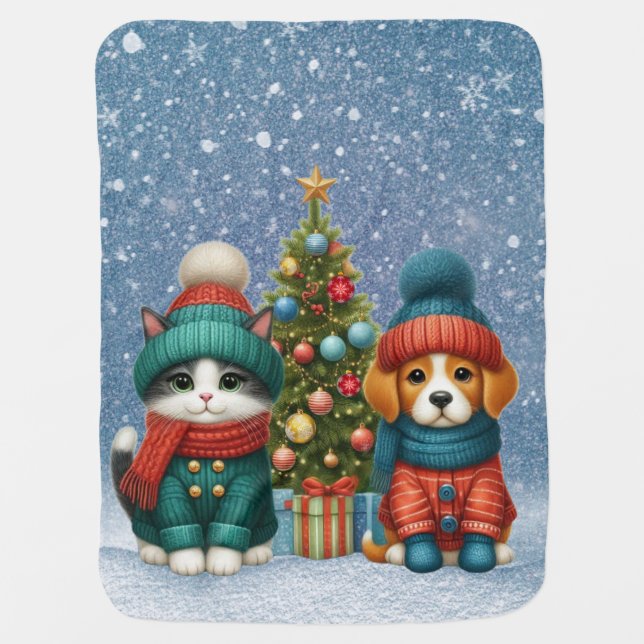 Cute Christmas puppy & kitten Baby Blanket (Front)