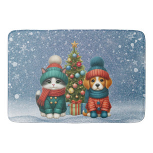 Cute Christmas puppy & kitten Bath Mat