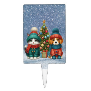 Cute Christmas puppy & kitten Cake Topper