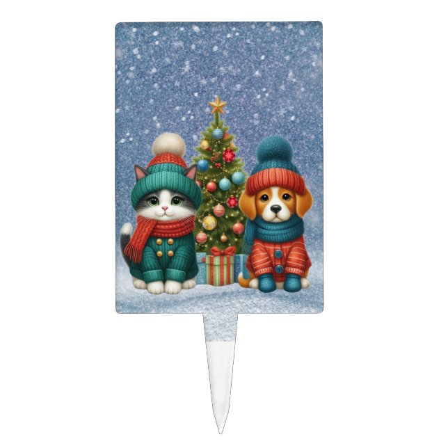 Cute Christmas puppy & kitten Cake Topper (Front)