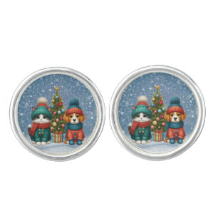 Cute Christmas puppy & kitten Cufflinks