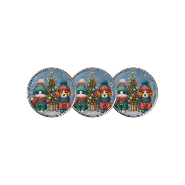 Cute Christmas puppy & kitten Golf Ball Marker (3 Up)