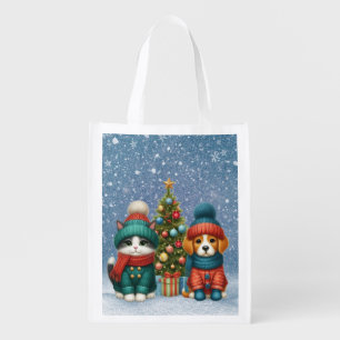 Cute Christmas puppy & kitten Grocery Bag