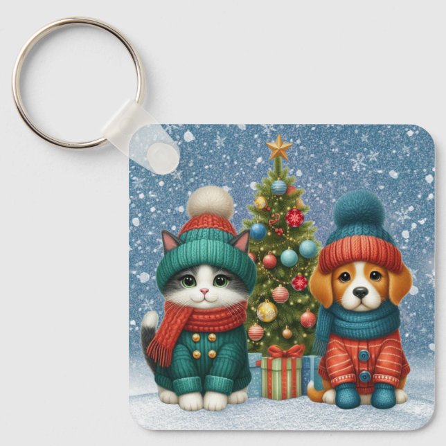 Cute Christmas puppy & kitten Keychain (Front)