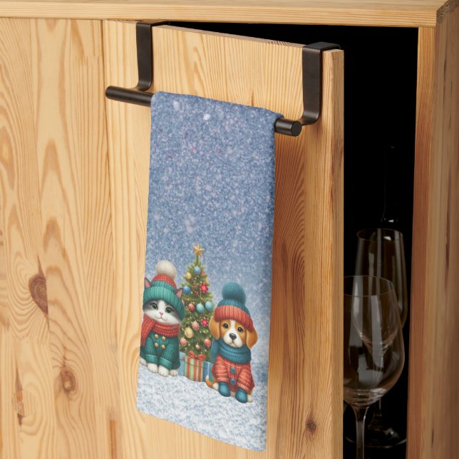 Cute Christmas puppy & kitten Kitchen Towel (Thirds Fold)