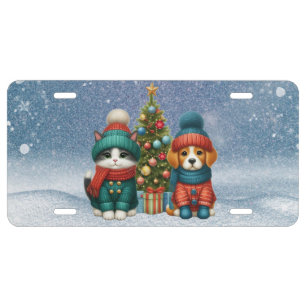 Cute Christmas puppy & kitten License Plate
